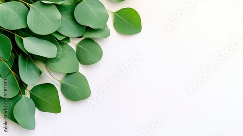 Green Eucalyptus Leaves on White Background
