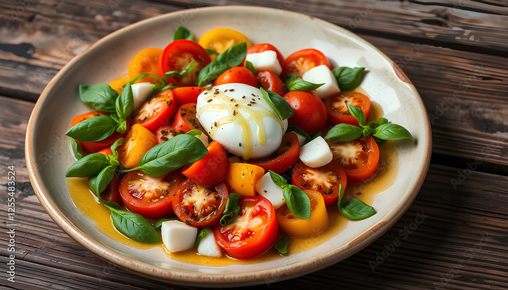 A farm-to-table salad with colorful heirloom tomatoes, fresh basil, and burrata cheese, drizzled with olive oil, served on a rustic ceramic plate with a weathered wooden backdrop A farm-to-table salad with colorful heirloom tomatoes, fresh basil, and burrata cheese, drizzled with olive oil, served on a rustic ceramic plate with a weathered wooden backdrop
