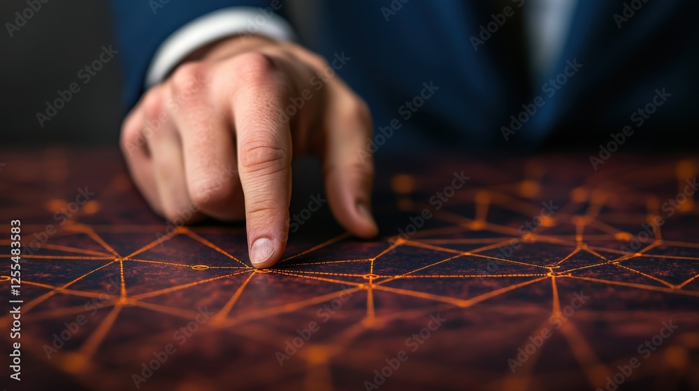 Businessman Pointing at Structured Revenue Model Diagram on Table Highlighting Financial Growth Sector in Professional Setting Businessman Pointing at Structured Revenue Model Diagram on Table Highlighting Financial Growth Sector in Professional Setting