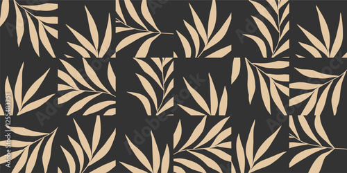 Abstract exotic seamless pattern with tile palms leaves. Modern collage contemporary background. Trendy minimal illustration. Surface cover design. Fabric textile print.
