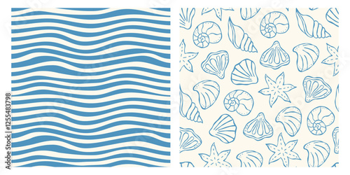 Set of seamless patterns with shells and waves. Trendy hand drawn minimal art background. Surface cover design. Fabric textile print.