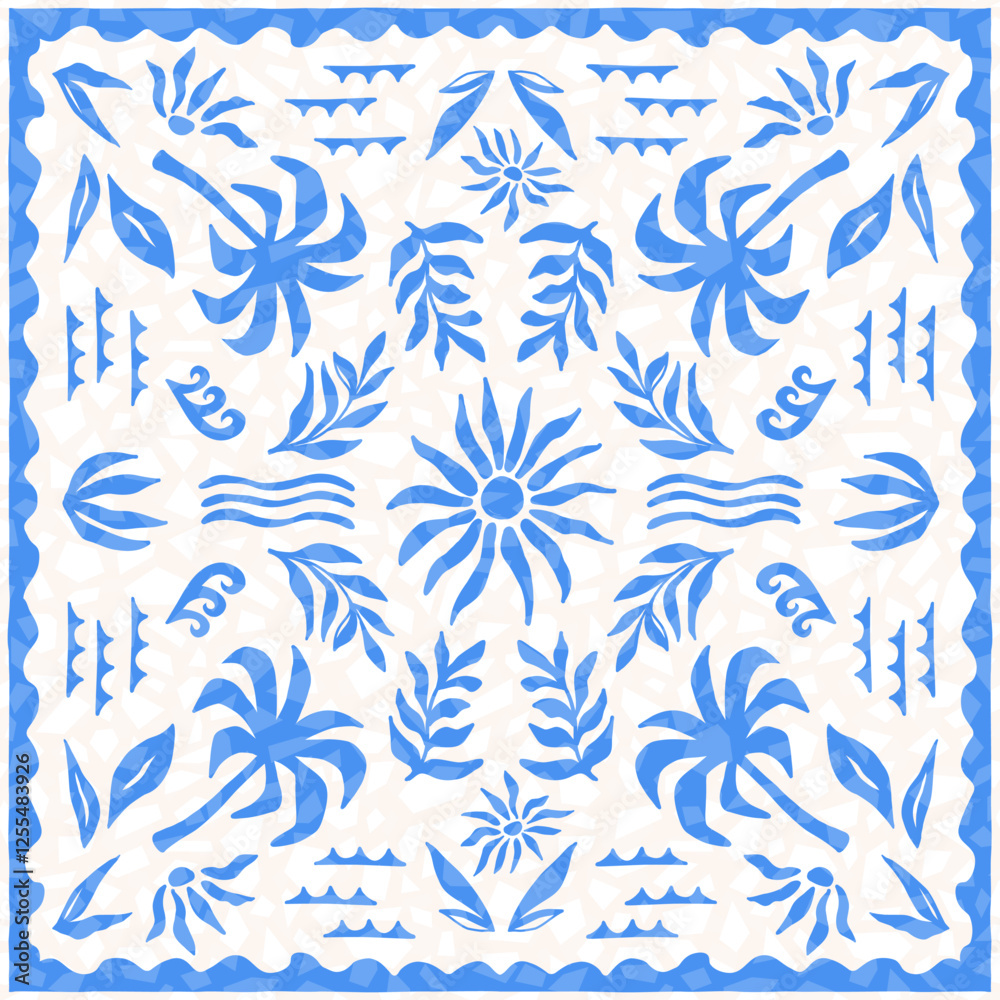 Fototapeta premium Abstract tropical seamless pattern with palm, leaves, wave and sun. Hand drawn minimal mosaic tile background. Surface cover design. Fabric textile print bandanas.