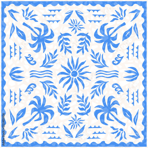 Abstract tropical seamless pattern with palm, leaves, wave and sun. Hand drawn minimal mosaic tile background. Surface cover design. Fabric textile print bandanas.