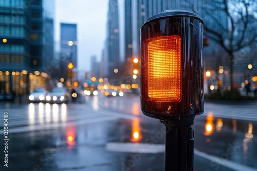 An urban traffic light glowing orange amidst a busy city backdrop on a rainy day, highlighting the dynamic movement of city life and the importance of traffic control. photo