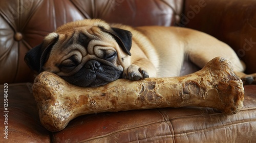 A sleepy pug rests its head on a large bone while lounging comfortably on a leather couch.