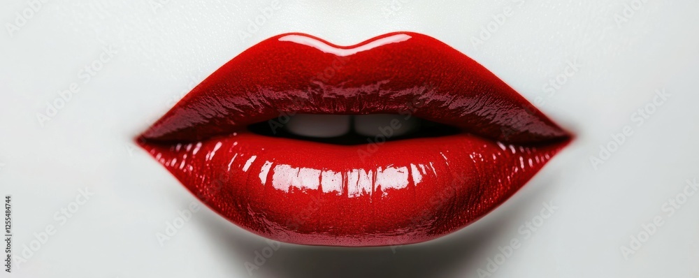 Obraz premium Close-up of glossy red lips on pale skin