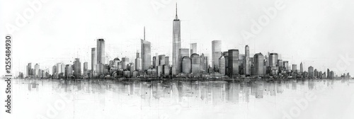 A Monochrome Sketch Depicts A Modern City Skyline