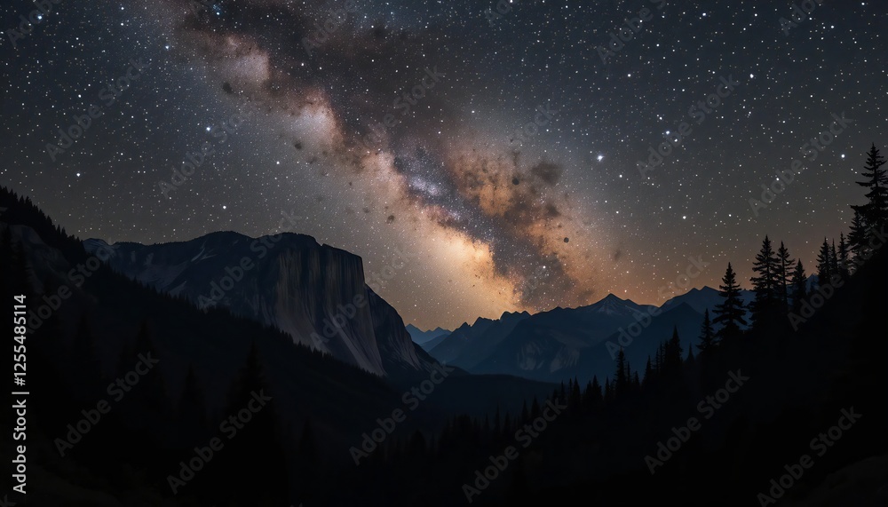 Fototapeta premium The stunning Milky Way stretches across the sky above a silhouetted mountain forest.
