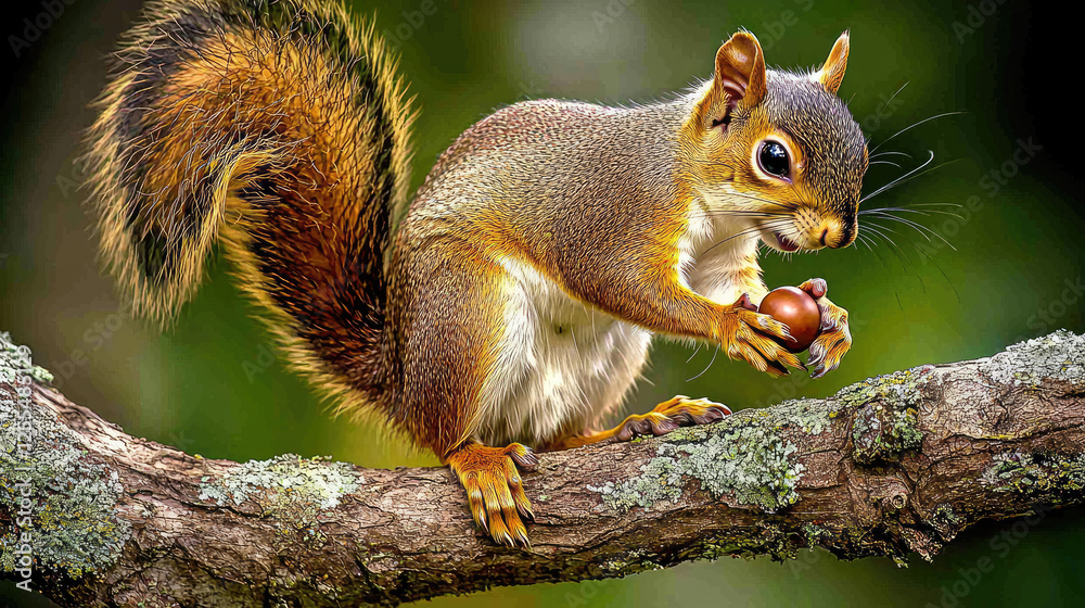 Squirrel Holding Acorn on Tree Branch in Lush Green Forest with Soft Background Blur Squirrel Holding Acorn on Tree Branch in Lush Green Forest with Soft Background Blur
