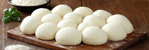 Homemade dough balls on wood, kitchen prep. Food blog use