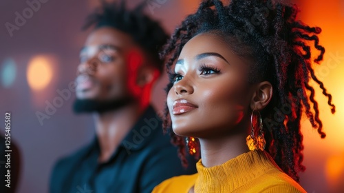 The image captures an elegant woman with beautiful hair in a striking pose, radiating charisma and confidence, creating a captivating visual statement in a modern setting. photo