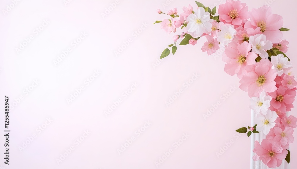 Fototapeta premium Beautiful floral arrangement with pink and white flowers on a soft pink background
