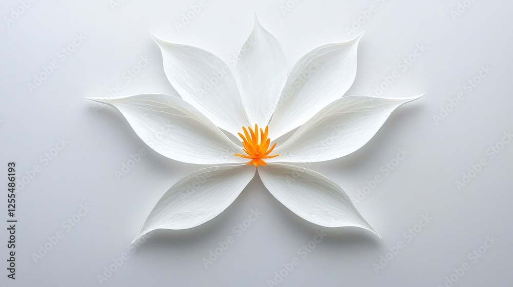 Elegant White Flower with Orange Center on Soft Gray Background for Modern Aesthetic Spaces Elegant White Flower with Orange Center on Soft Gray Background for Modern Aesthetic Spaces