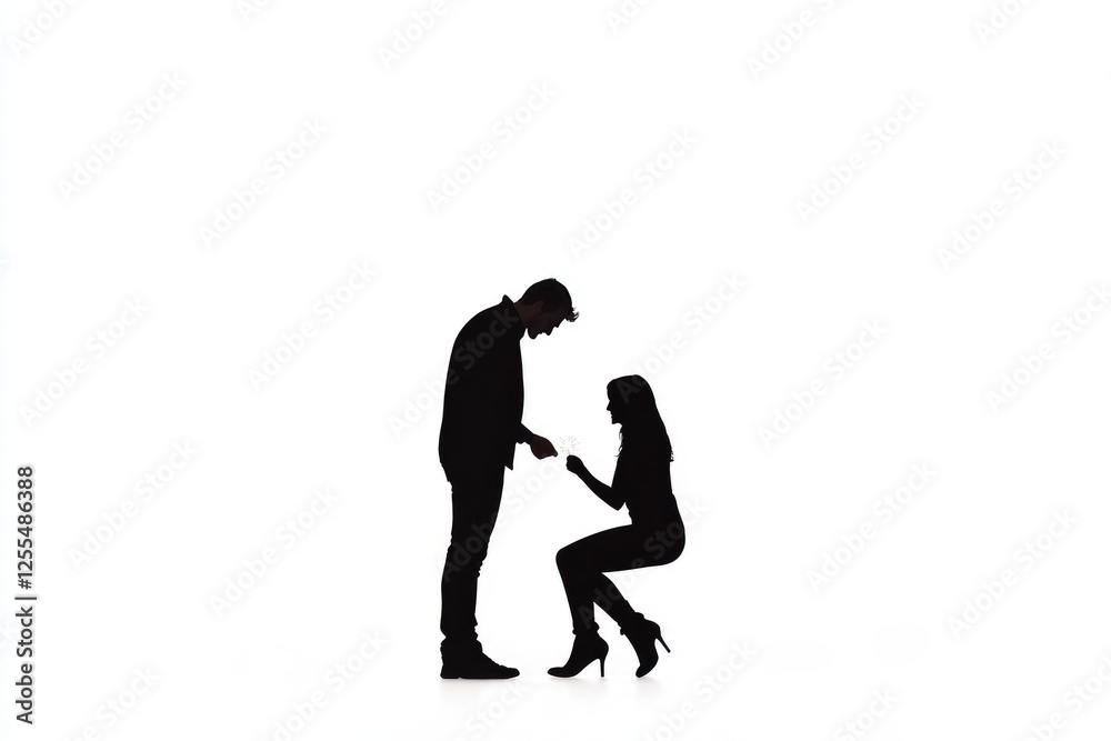 Fototapeta premium Silhouette of a couple engaged in a romantic proposal against a bright background