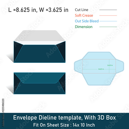 Envelope Dieline template, With 3D Box, Size 8.625 x 3.625, Vector File