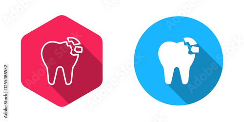 Filled and outline Broken tooth icon isolated with long shadow background. Dental problem icon. Dental care symbol. Vector