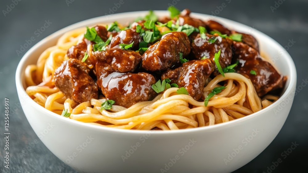 A stunning bowl of Chinese-style chicken with noodles, drenched in rich sauce and garnished with fresh herbs, represents the fusion of flavors and vibrant culinary culture.