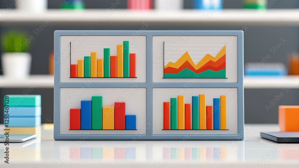 a screen with four colorful bar charts. The charts show data trends and progress. The screen is on a desk, which suggests this image could be used to represent analytics, data, or business growth. a screen with four colorful bar charts. The charts show data trends and progress. The screen is on a desk, which suggests this image could be used to represent analytics, data, or business growth.