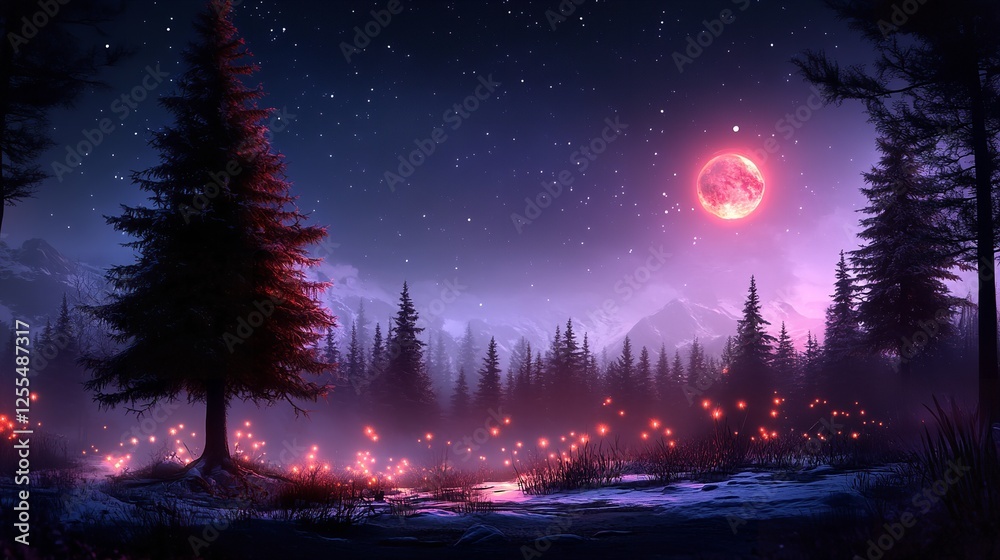 Fototapeta premium Vibrant night landscape with purple moon and glowing forest under starry sky