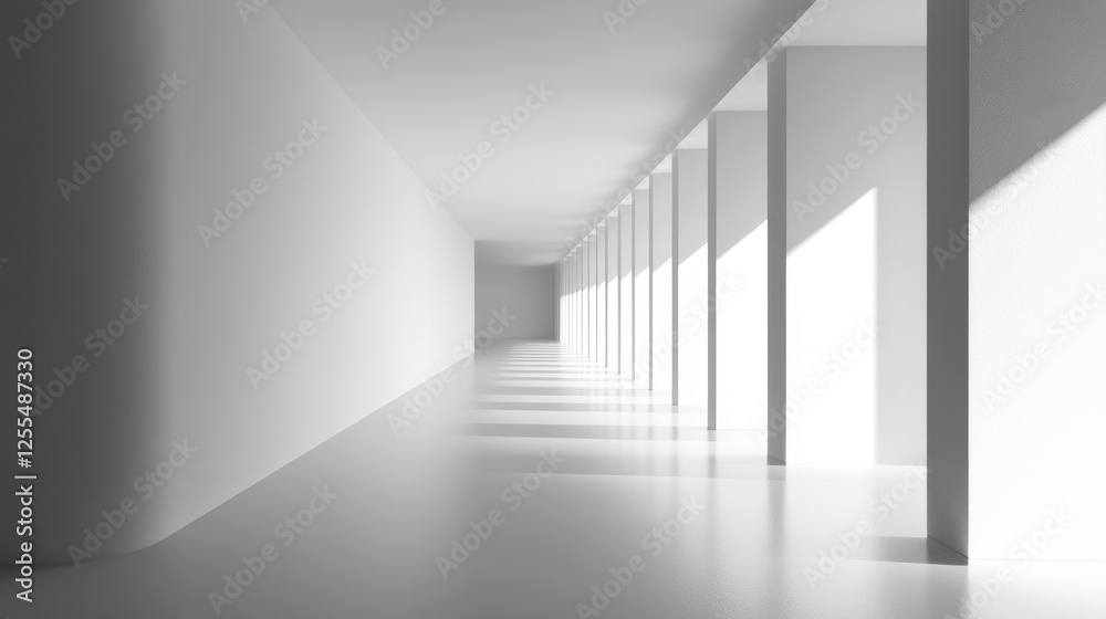 Fototapeta premium Minimalist interior with white walls and strong shadows creating depth