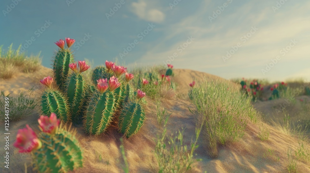 Blooming Cactus Garden: A Serene Desert Landscape in Gentle Sunlight Blooming Cactus Garden: A Serene Desert Landscape in Gentle Sunlight