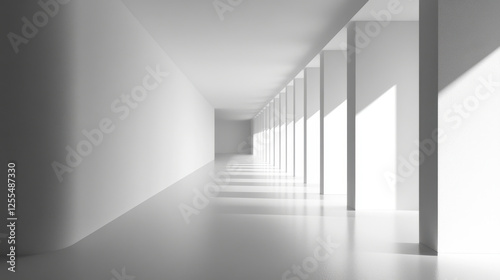 Minimalist interior with white walls and strong shadows creating depth