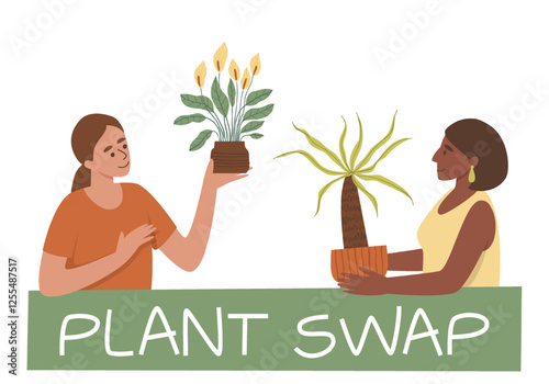 Plant swap. Flower exchange event. Banner with women exchanging plants. Hobbies for people interested in plants. Home greening. Flat vector illustration.