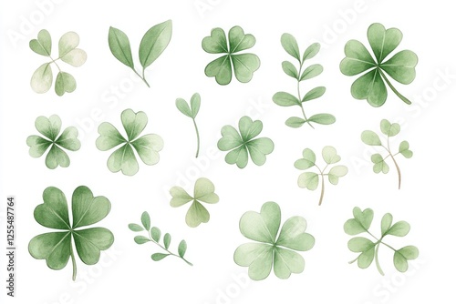 A collection of various green clover leaves arranged artistically on a white background