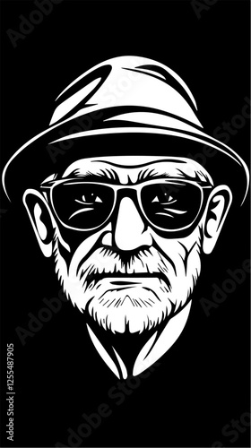 Black and white illustration of an elderly man. Pensioner. Grandfather.