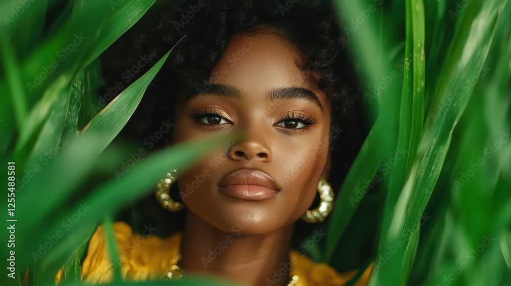 An intimate close-up portrait of a young woman framed by lush greenery, showcasing her flawless skin and captivating expression amidst vibrant natural surroundings. An intimate close-up portrait of a young woman framed by lush greenery, showcasing her flawless skin and captivating expression amidst vibrant natural surroundings.