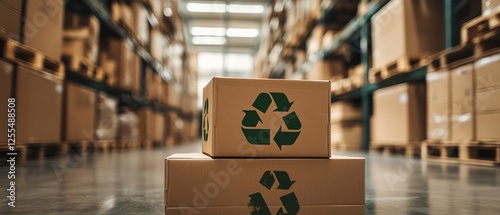 Cardboard boxes with green recycling symbols stacked in a warehouse interior, highlighting sustainability and ecofriendly packaging