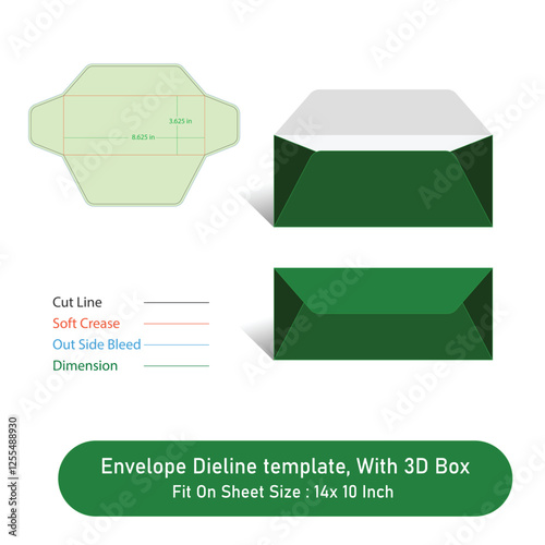 Envelope Dieline template, And 3D Box, Size 8.625 x 3.625, Vector File