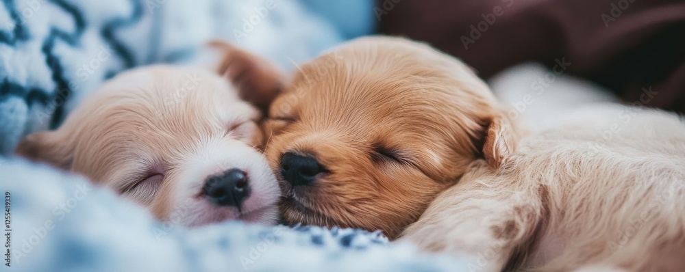 Adorable puppies sleeping together on soft blanket Adorable puppies sleeping together on soft blanket