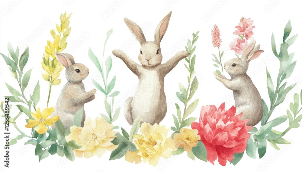 Obraz premium Playful rabbits amidst vibrant flowers in a whimsical garden setting