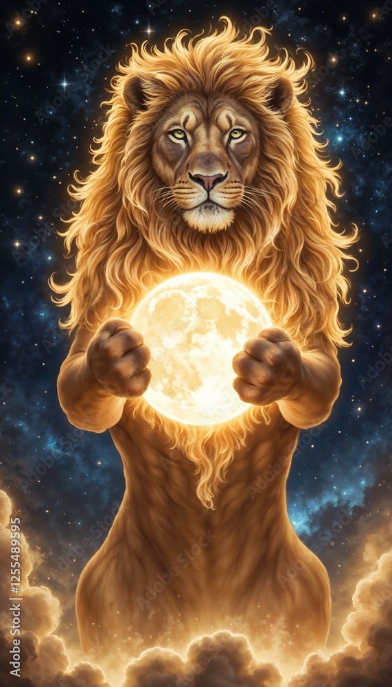 Fototapeta premium Majestic lion, powerfully holding a luminous full moon to its chest, set against a backdrop of a starry night sky and ethereal clouds. The lion's expression is one of serene strength and guardianship.