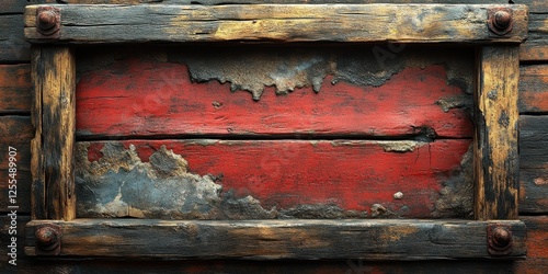 Rustic Weathered Wooden Frame with Red Paint, Grunge Texture Background