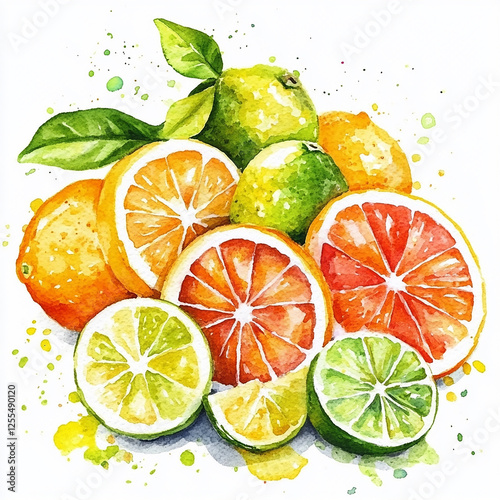 A painting of a fruit salad with oranges, lemons, and grapefruit. The painting is colorful and vibrant, with the fruit arranged in a visually appealing way. The mood of the painting is cheerful