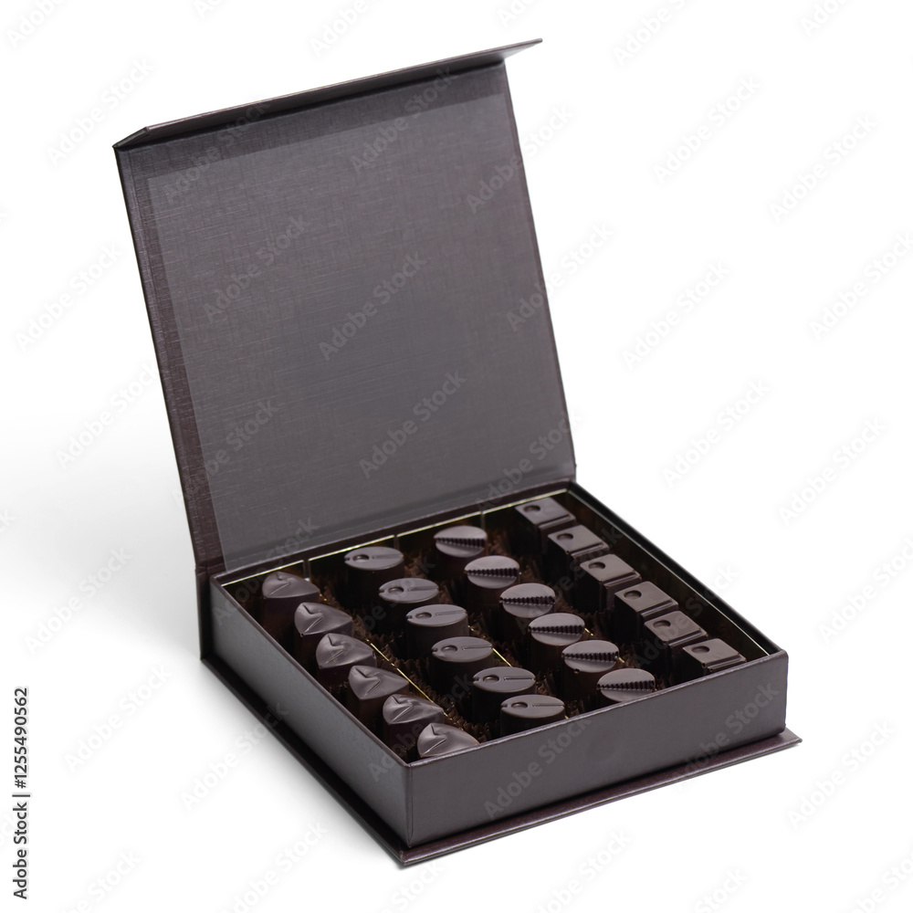 Box with tasty chocolate candies isolated on white Box with tasty chocolate candies isolated on white