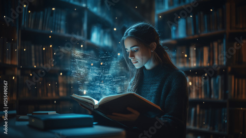 A woman reads a book emitting holograms and digital projections. The library setting is filled with a science-fiction atmosphere and a sense of discovery.