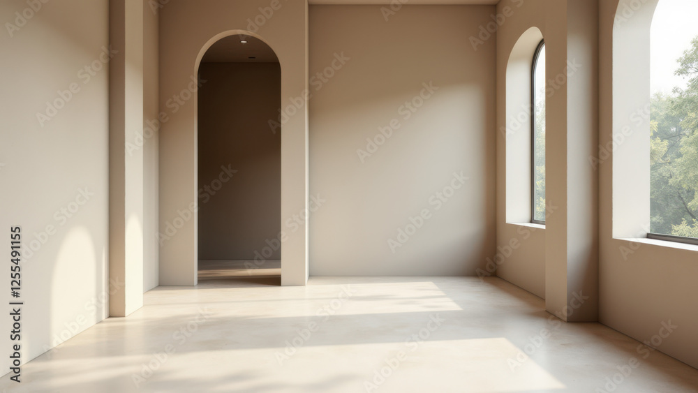 Spacious room with acoustic panels under archways. Spacious room with acoustic panels under archways.