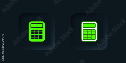 Green Calculator icon isolated on black background. Accounting symbol. Business calculations mathematics education and finance. Black square button. Vector