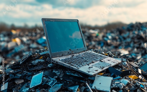 Laptop computer placed on top of a pile of ewaste, discarded electronics, symbolizing the environmental impact of tech waste disposal photo