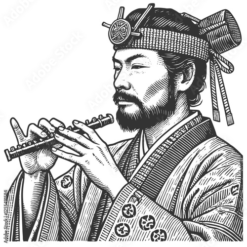 Ancient Japanese Musician Playing Flute vector