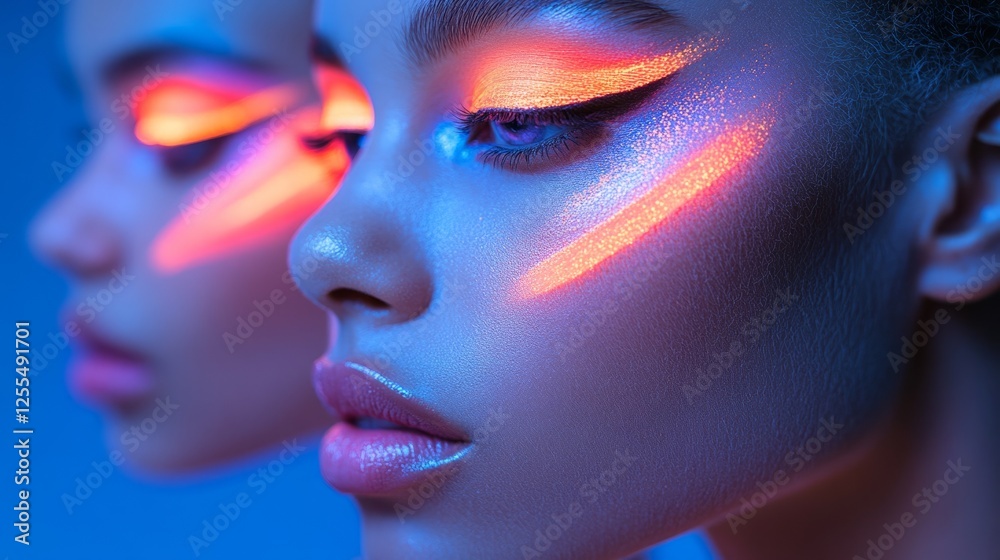 Obraz premium Woman with neon UV makeup and colorful face patterns, glowing softly; abstract artistry blending light and identity