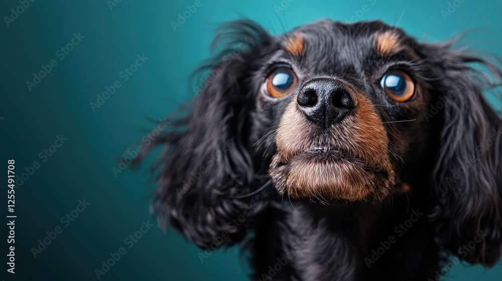 A stunning black dog stands out beautifully against a vibrant teal background, showcasing its elegance and charm, perfect for pet and lifestyle photography. A stunning black dog stands out beautifully against a vibrant teal background, showcasing its elegance and charm, perfect for pet and lifestyle photography.