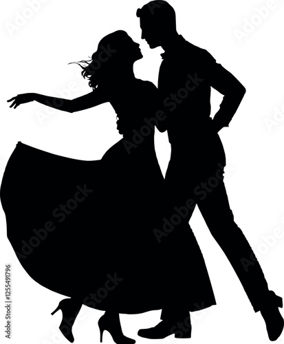 Elegant dancing couple vector black silhouette print design