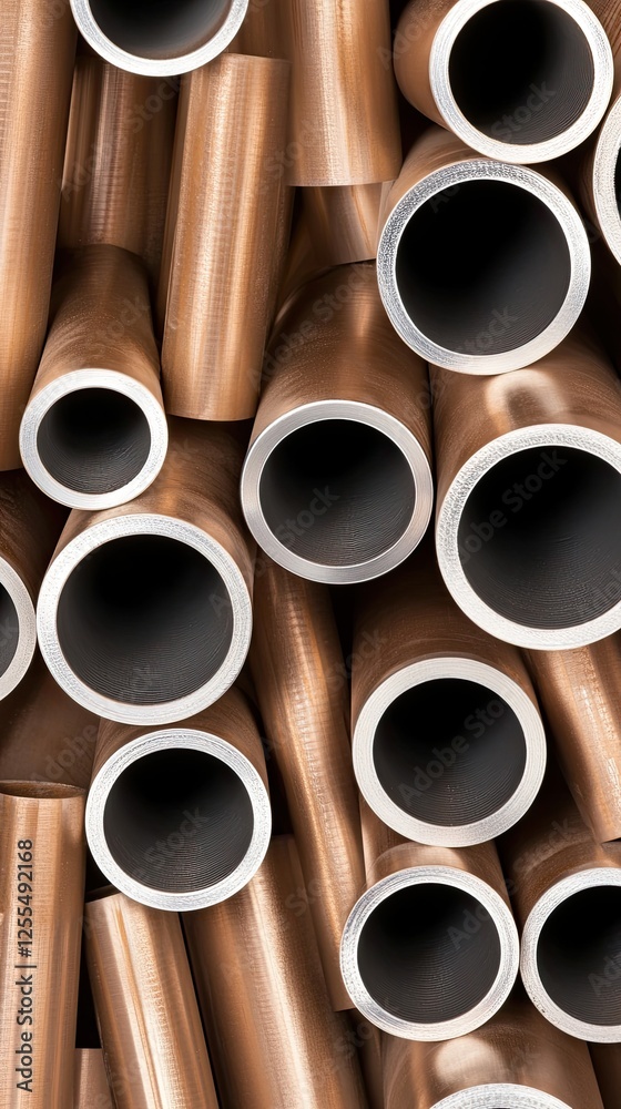 Steel pipes are stacked in piles at a construction site, highlighting their textured surfaces and numerous small holes under soft shadows Steel pipes are stacked in piles at a construction site, highlighting their textured surfaces and numerous small holes under soft shadows