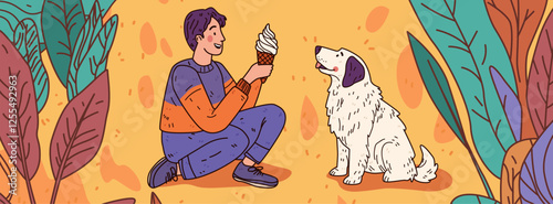 Person with ice cream and dog friendship scene. A person kneels holding an ice cream cone facing a fluffy dog. Colorful leaves frame the warm-toned background