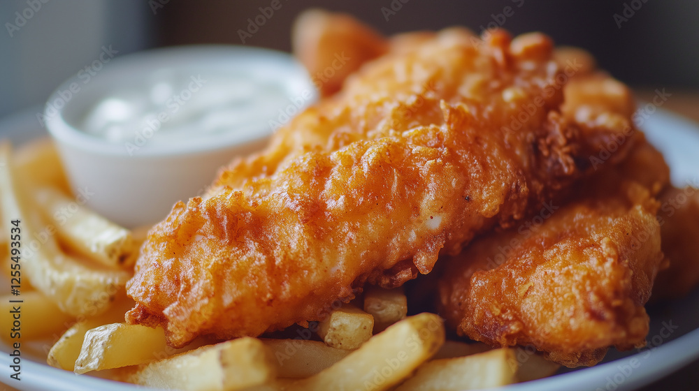 A classic British fish and chips, golden crispy battered cod with thick-cut fries, served with tartar sauce and mushy peas. A classic British fish and chips, golden crispy battered cod with thick-cut fries, served with tartar sauce and mushy peas.