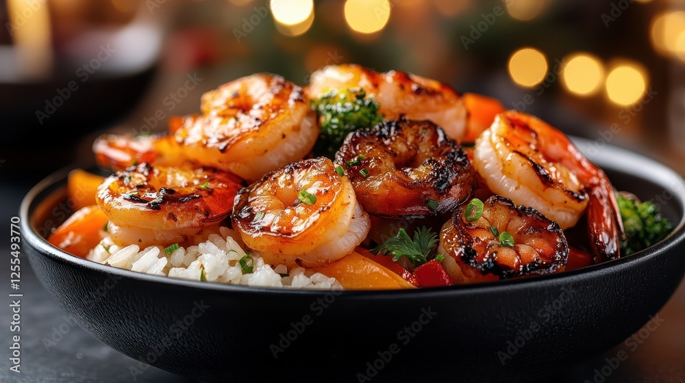 A delightful combination of stir-fried shrimp and fresh vegetables served over fluffy rice, showcasing a colorful and appetizing culinary experience. A delightful combination of stir-fried shrimp and fresh vegetables served over fluffy rice, showcasing a colorful and appetizing culinary experience.